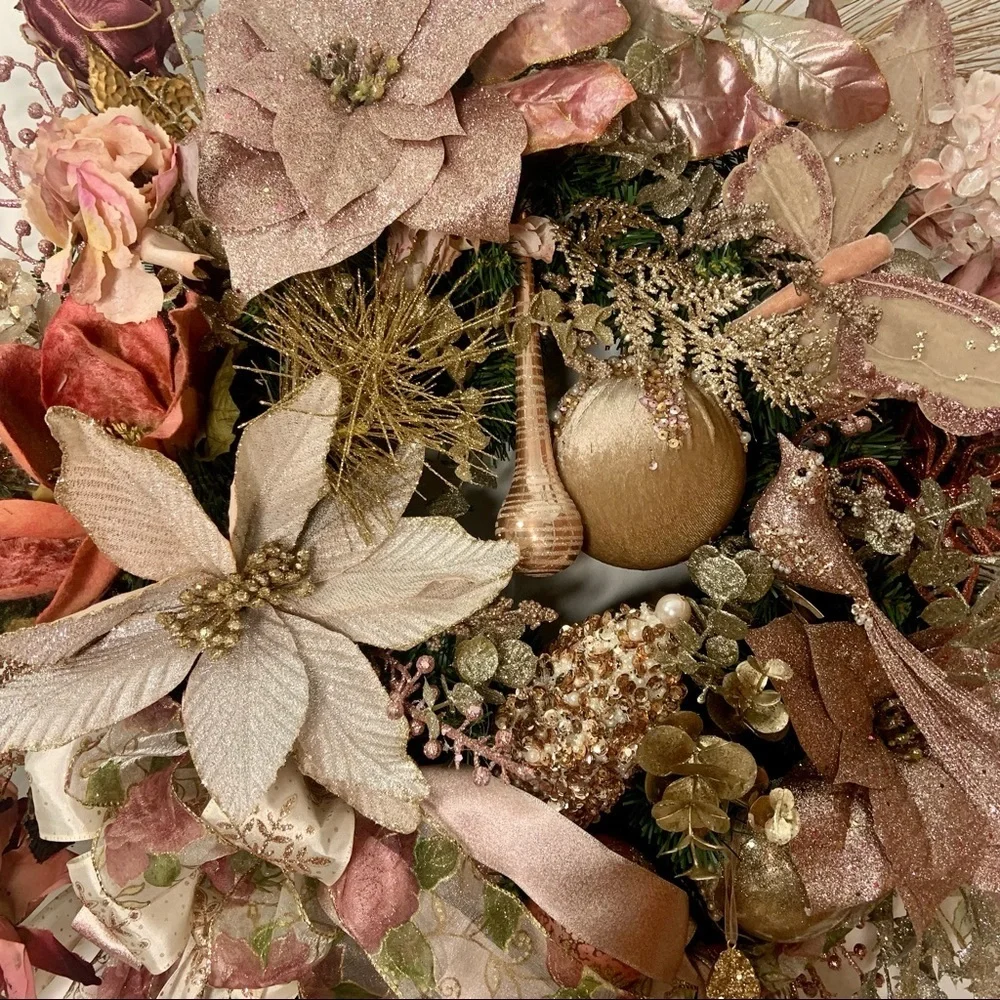 Rose Gold Blush Christmas Poinsettias Door Wall Wreath Romantic Victorian Wreath